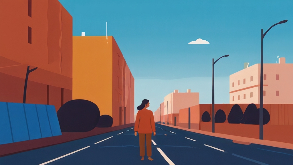 An example of semantic segmentation with an image of a woman standing in the street with a building and a nice sky.